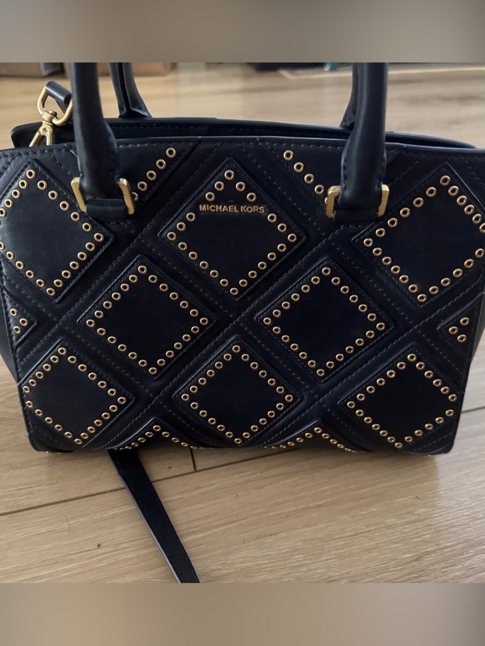 Michael Kors Selma Navy Quilted Studded Satchel with Gold Hardware